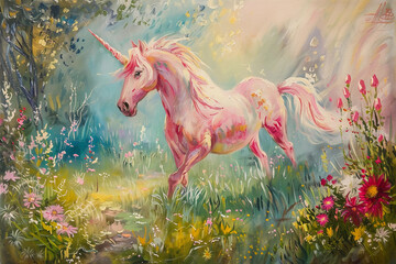 Fantastically beautiful mythological pink unicorn with long horn