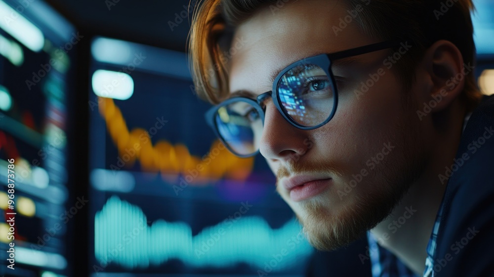 Poster Close-up of a man's face looking at a computer screen with a reflection of data in his glasses.