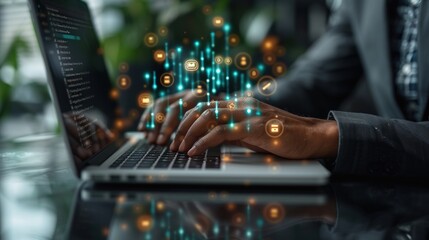 Close up of a person's hands typing on a laptop with glowing digital icons.
