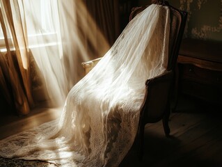 Sunlit Antique Chair Draped with Elegant Lace Curtain in a Vintage Room