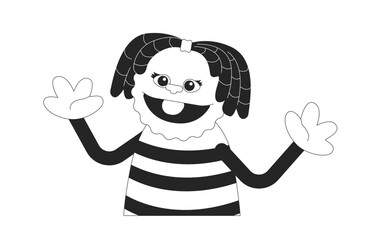 Hand puppet anthropomorphic girl black and white 2D line character. Theater doll isolated vector outline personage. Marionette toy cheerful smiling. Childhood. Monochromatic spot illustration