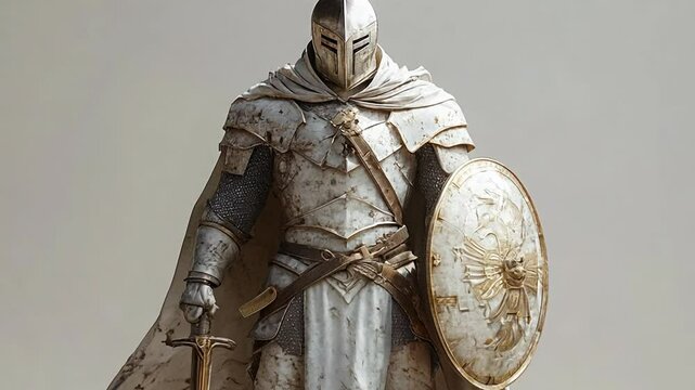A knight in shining armor stands ready for battle.