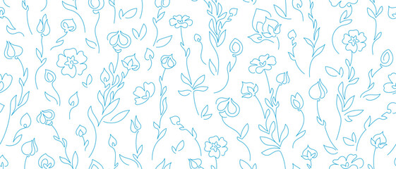 Abstract blue flowers. Seamless pattern. Flax seed