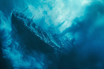 Underwater view of an old sunken ship on seabed with fish swimming