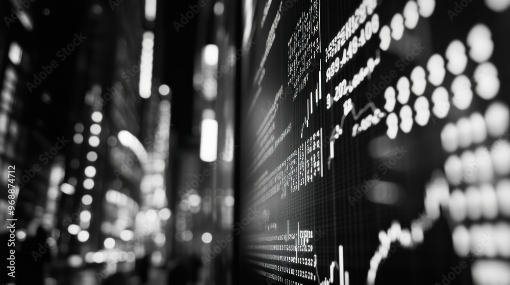 Poster a blurry view of city lights and financial data displayed on a screen