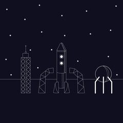 The picture shows a rocket standing on the launch pad. Next to it is a tower, which is probably used for servicing the rocket. In the background you can see the starry sky