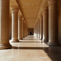 Obraz premium Long Corridor with Columns, Architectural Perspective, Sunlight and Shadows, Classical Design