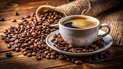 A white coffee cup rests on a saucer surrounded by roasted coffee beans, with a burlap sack spilling beans onto a rustic wooden table