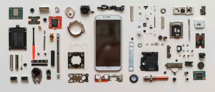 Various mobile phone components laid out meticulously on a white surface, showcasing the intricate inner workings of smartphone technology.