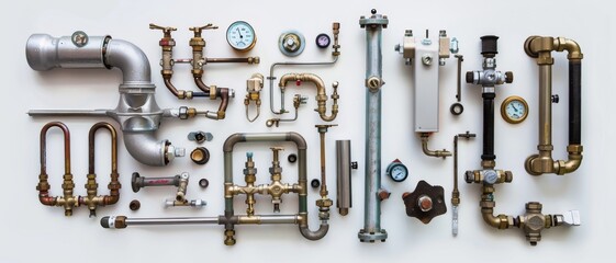 Overhead shot of assorted plumbing components neatly organized on a white background, highlighting diversity and arrangement in plumbing systems.