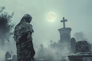 Fototapeta premium Scary sinister mummy wandering in street with dramatic lighting on celebration holiday Halloween
