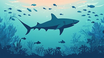 Obraz premium A large shark swims through the ocean with coral reefs and fish in the background.