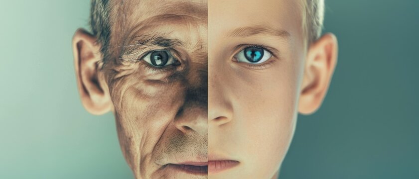 A split portrait of an elderly man and a young boy, highlighting the contrasting details in their expressions and symbolizing the passage of time and generational differences.
