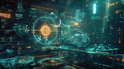 Obraz premium Digital backdrop with translucent screens and holographic interfaces for digital archiving.