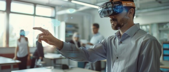 A man using a virtual reality headset in a modern office environment, exploring interactive digital interfaces that highlight futuristic technology.