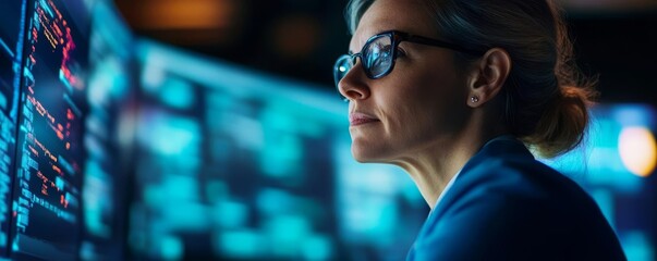 Senior woman addressing cybersecurity threats, implementing protocols