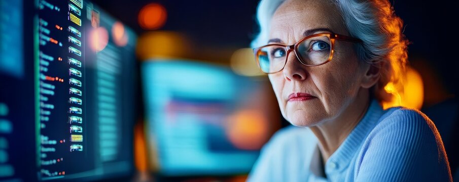 Senior woman addressing cybersecurity threats, implementing protocols