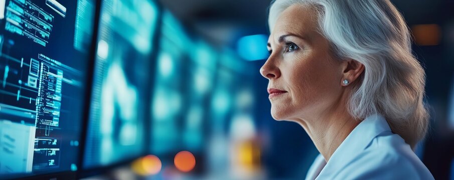 Senior woman addressing cybersecurity threats, implementing protocols