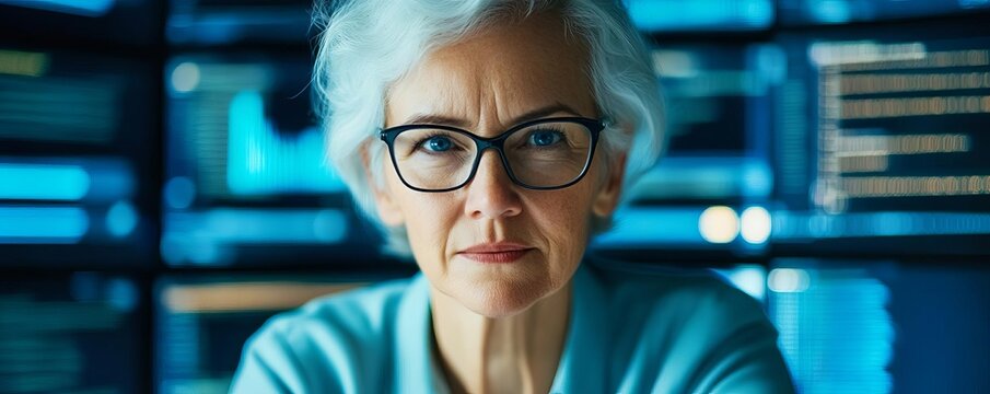 Senior woman addressing cybersecurity threats, implementing protocols