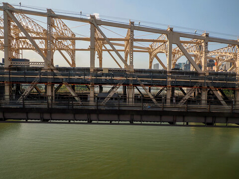Ed Koch Queensboro Bridge connecting new york city manhattan to Roosvelt island and Queens aerial view from cable car