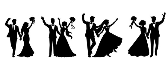 wedding couple, bride and groom silhouette set black filled vector Illustration icon