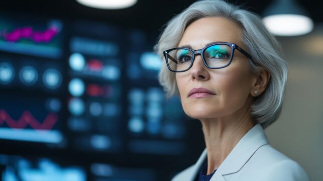 Senior woman CEO attending a tech product launch, promoting innovation and growth