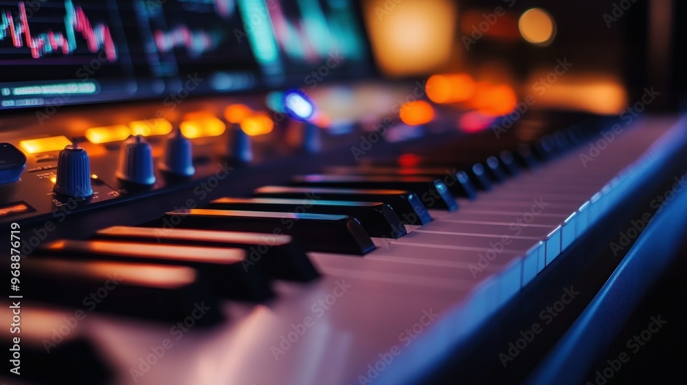 Poster keyboard of a music synthesizer with blurred background