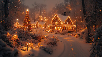 Snowy neighborhood with houses decorated with christmas lights during a winter night