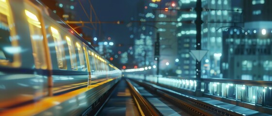 Fototapeta premium A high-speed train speeds through an illuminated cityscape at night, creating trails of light that paint a dynamic urban tale.