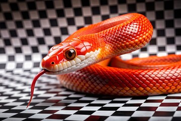 Fototapeta premium A sleek and sinuous red snake slithers across a black and white checked background, its forked tongue darting in and out, its piercing gaze hypnotic.
