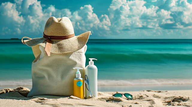 Relaxing beach essentials with sunhat and sunscreen on sandy shore during bright summer day
