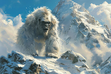 Huge fantasy yeti character in beautiful outdoor nature background