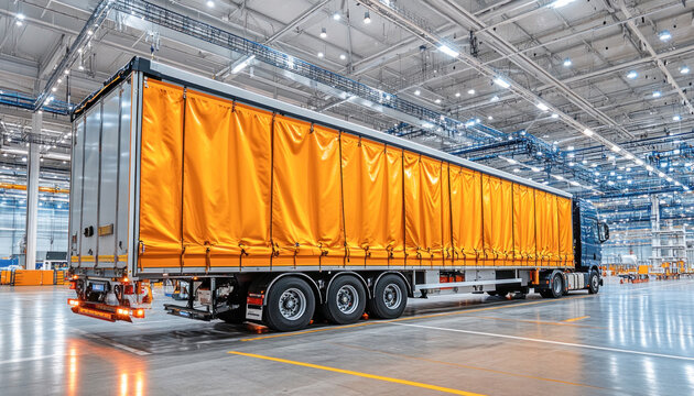 New shiny blue semi truck with yellow tarp awning standing in plant