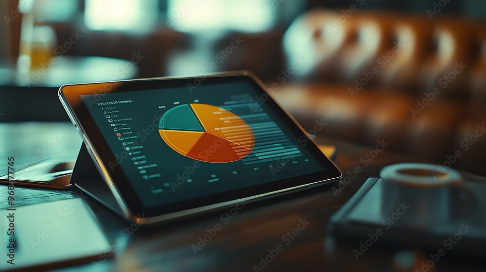 Poster close-up of a tablet displaying a pie chart with a blurred background of a cafe.