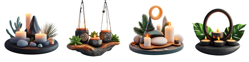 Relaxing candle arrangements with stones and foliage, perfect for creating a serene atmosphere in homes or wellness spaces.