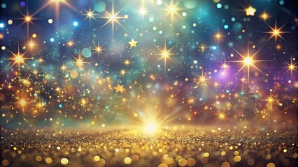 Fantasy background with shimmering gradients and holographic lights. Magical sparkles, gold stars, and dreamy blurs create a captivating scene