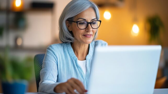 Senior woman hosting an online webinar, sharing knowledge and insights