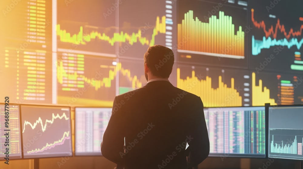 Poster businessman analyzing financial data on multiple monitors
