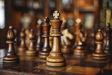 Fototapeta premium Beautiful chess piece standing on checkered game board during strategic game of chess