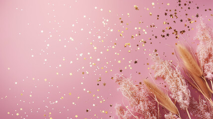 Pink background: an abstract pink backdrop with a shimmering golden stroke painted texture.