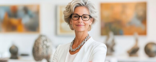 Senior woman in an elegant office with art and sculptures, blending business with culture