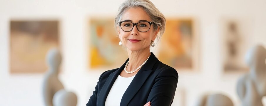 Senior woman in an elegant office with art and sculptures, blending business with culture