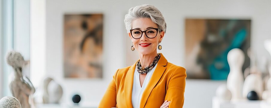 Senior woman in an elegant office with art and sculptures, blending business with culture