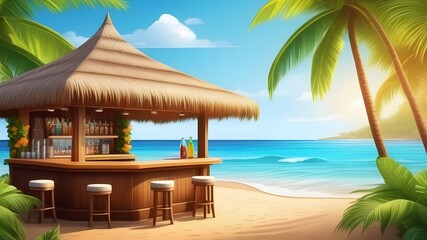 An empty bar counter and an empty chair against the background of the beach and the sea. Vacation and summer.