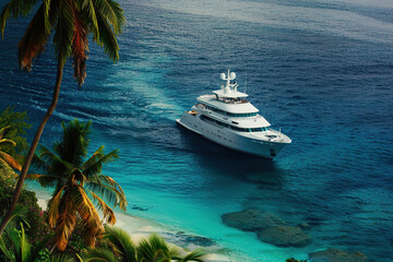 Fototapeta premium Luxury private motor yacht in tropical sea with soft blue wave on beautiful nature background