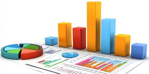 Colorful 3D bar charts and pie chart on a white background.