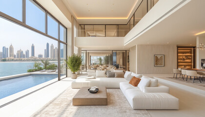 Modern open plan living room overlooking dubai skyline