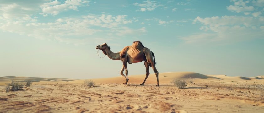 A lone camel traverses the vast, untouched expanse of a desert under a clear blue sky, embodying solitude and resilience.