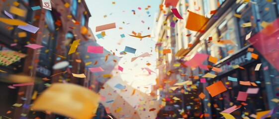 Fototapeta premium A vibrant explosion of colorful confetti fills the air in a bustling urban street, capturing the energy and excitement of a celebration.