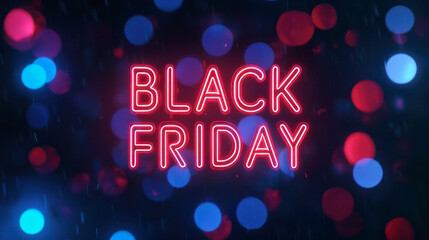 Black Friday neon sign glowing with red letters on a dark background with blue and red bokeh lights, perfect for sale or marketing promotions.